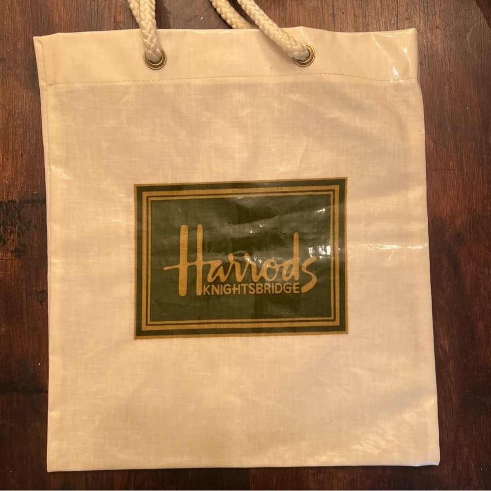 Vintage HARRODS Knightsbridge Cotton/PVC Coated Shopping Tote Bag White Rope